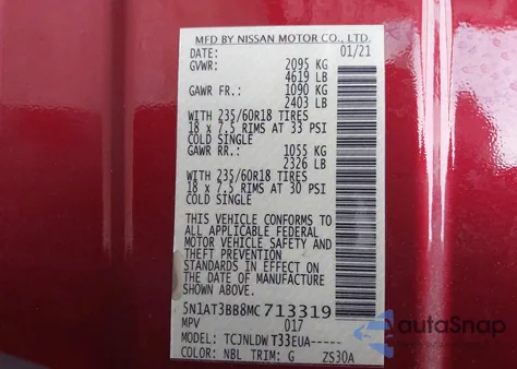 2021 Nissan Rogue Sv Intelligent Awd from USA, damaged, VIN 5N13BBMC713319